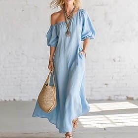 Damen Midikleid Kunstbaumwollleinen Elegant Täglich Urlaub Wochenende Lässiger Schnitt Einfach Kurzarm Schulterfrei Hellblau Sommer