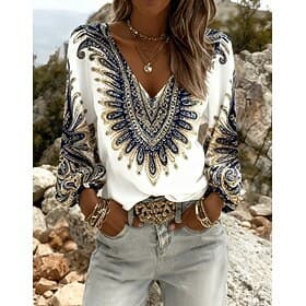 Women's Shirt Boho Shirt Print Graphic Paisley Elegant Bohemia Vacation Long Sleeve V Neck Long Tops Casual Daily Holiday Blue White Orange Grey Summer Spring