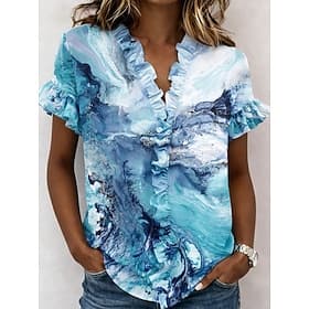 Damen Hemd Tunika Rüsche Grafik Abstrakt Elegant Mode Täglich Kurzarm V Ausschnitt Normale Oberteile Lässig Täglich Blau Rosa Purpur Orange Grün Sommer Frühlin