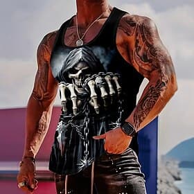 Men's Skull with Skeleton Hands and Chains Gothic Horror Dark Biker Rock Metal Tank Top Graphic Muscle Fit Sleeveless Gym Fitness Streetwear Casual Designer Cl
