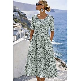 Women's Midi Dress Shift Dress Vacation Casual Regular Fit Floral Graphic Bohemian Half Sleeve Crew Neck Blue Orange Green Beige Summer Spring