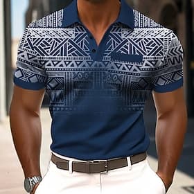 Herre Geometrisk Poloskjorter Kortermet Poloskjorter Skjorter med krage Business Casual utendørs treningsklær Dagligdagstøy 3D-utskrift Knapper Sommer Vår Blå