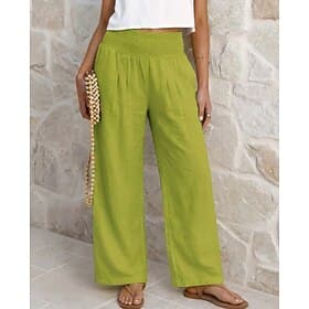 Women's Cotton Linen Pants Wide Leg Chinos Summer Pants Vacation Streetwear Basic Full Length Medium Waist Plain Pocket Elastic Waistband Comfort Comfortable I