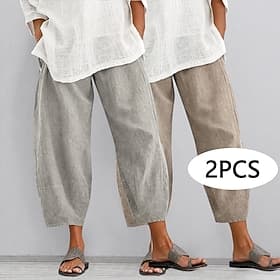 Multi Packs 2pcs Women's 100% Cotton Capri Pants Summer Shorts Casual Pants Vacation Basic Casual Daily Mid Waist Plain Side Pockets Elastic Waistband Comfort