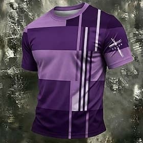Faith Cross Men's Christian T Shirt Graphic Purple Geometric Color Block T Shirt All Over Print Crew Neck Short Sleeve Christian Spiritual Gift for Him Designe