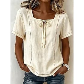 Women's Shirt Drawstring Tie Front Bohemia Vacation Vintage Short Sleeve Asymmetrical Long Tops Casual Daily Work White Yellow Dark Blue Beige Light Blue Summe