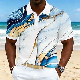 Men's Geometic Hawaiian Polo Shirts Short Sleeve Polo Shirts Collared Shirts Casual Athleisure Vacation Wear 3D Print Buttons Breathable Mesh Spring Summer Bl