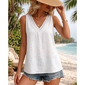 Women's Cotton Linen Vest T Shirt Plain Beach Sleeveless V Neck Long Tops Casual Blue Dark Brown Black White Army Green Summer Spring