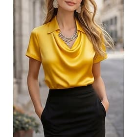 Mujer Camisa Top de satén Blusa Tops elegantes Plano Elegante Manga Corta Cuello vuelto holgado Cuello Camisero Tops regulares Diario Festivos Noche Negro Blan