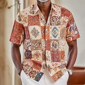 Men's Boho Mediterranean Tile Print Moroccan Mosaic Shirt Button Up Shirt Short Sleeve Vintage Retro Streetwear Vacation Summer Spring Turndown 3D Print Collar