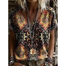 Femmes T-shirt Imprimé Graphique Vintage ancien Élégant Classique Manche Courte Col en V Hauts Réguliers Occasionnel Quotidien Sortir Noir Jaune Rouge Été Prin