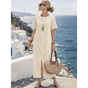 Women's Maxi Dress Linen-feel Dresses Shift Dress Summer Dress Casual Daily Regular Fit Plain Short Sleeve Crew Neck Red Army Green Dark Blue Apricot Summer
