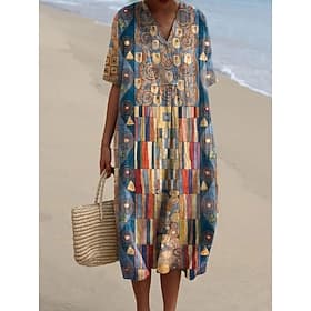 Women's Midi Dress Sundress Vacation Casual Beach Beach Party Loose Fit Graphic Geometric Abstract Short Sleeve V Neck Navy Red Orange Light Grey Summer Spring