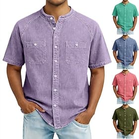 SoftFade™ Men's Shirt Casual Shirt Button Up Shirt Cotton Acid Wash Shirt Black Light Green Pink Purple khaki Short Sleeve Plain Grandad Collar Casual Daily Fr