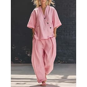 Femmes Ensemble effet lin Ensembles de Pantalons Manche 3/4 Col en V Couleur Unie Mode Streetwear Occasionnel Quotidien Extérieur Bleu Noir Kaki Été Coupe Ampl