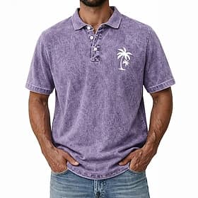SoftFade™ Men's Palm Tree 100% Cotton Acid Wash Shirt Short Sleeve Polo Shirts Collared Shirts Hawaiian Casual Outdoor Vacation Wear Buttons Spring Summer Blu