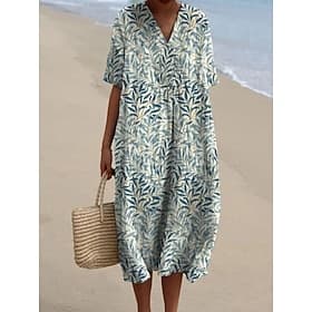 Women's Midi Dress Shift Dress Sundress Vacation Casual Beach Daily Going out Loose Fit Ombre Floral Graphic Short Sleeve V Neck Champagne Light Green Green Be
