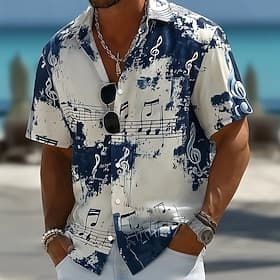 Men's Tie Dye Print Musical Notes Shirt Button Up Shirt Casual Dress Shirt Short Sleeve Vintage Retro Daily Music Festival Spring Fall Turndown 3D Print Collar