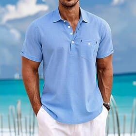 Men's Polo Linen Shirts Casual Street Lapel Short Sleeve Basic Modern Plain Lightweight Buttons Summer Spring Regular Fit Black White Green Dark Blue Light Blu
