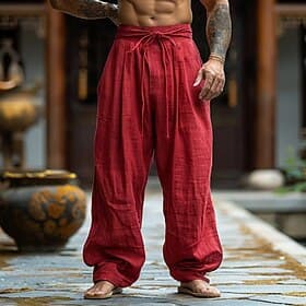 Men's Cotton Linen Pants Trousers Summer Pants Baggy Pants Beach Pants Drawstring Elastic Waist Solid Color Plain Comfort Breathable Daily Outdoor Beach Vacati