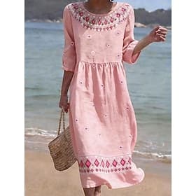 Femmes Robe Midi Robe d'Été Robe d'été Vacances Occasionnel Boho Plage Fête Coupe Ample Fleuri Graphique Géométrique Manche 3/4 Col ras du cou Bleu Rose Claire