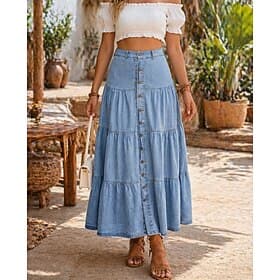 Femmes Jupe de vacances Mode Occasionnel Maxi Taille Moyenne Jupes Patchwork Non Elastique Bleu Été