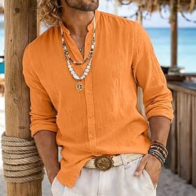Homme Chemise Chemise d'été Tenue de plage Chemise Boutonnée Uni Occasionnel Quotidien Noir Blanche Orange Gris manche longue Col mandarin Printemps Été Été V