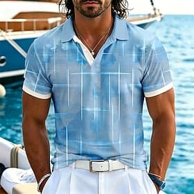 Men's Geometic Hawaiian Polo Shirts Short Sleeve Polo Shirts Lapel Resort Athleisure Daily Wear Vacation Wear 3D Print Buttons Spring Summer Blue Brown Green