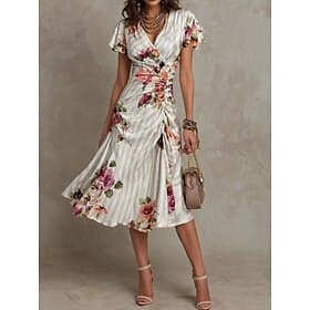 Femmes Robe Midi Robe fourreau Vacances Fête Anniversaire Soirée robe demoiselle d honneur Anniversaire Coupe régulière Fleuri Manche Courte Col en V Beige Été