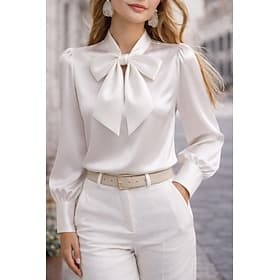 Women's Satin Shirt Dress Shirt Blouse Bow Solid Color Plain Elegant Stylish Basic Long Sleeve V Neck Regular Tops Daily Work Party Black White Pink Khaki Summ