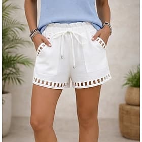 Femmes Short en coton et lin Short inspiré du lin Chinos Shorts Vacances Mode Basique Court Taille Moyenne Cordon de serrage Avec Poches Confort Doux Respirant