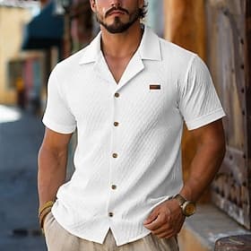 Men's Shirt Casual Shirt Button Up Shirt Jacquard Shirt White khaki Black Short Sleeve Plain Shirt Collar Spread Collar Casual Daily Front Pocket Clothing Appa