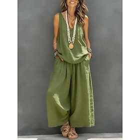Women's Camis Pants Sets Sleeveless V Neck Solid Color Fashion Streetwear Casual Daily Outdoor Blue Khaki White Spring Summer Loose Fit