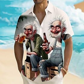 Men's Cartoon Characters Beer Old Man Shirt Summer Shirt Button Up Shirt Short Sleeve Funny Vintage Retro Outdoor Beach Vacation Wear Summer Spring Turndown 3D