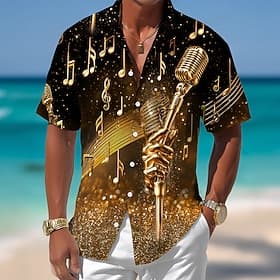 Men's Microphone Gradient Color Musical Instrument Shirt Summer Shirt Button Up Shirt Short Sleeve Vintage Retro Outdoor Music Festival Beach Vacation Wear Sum