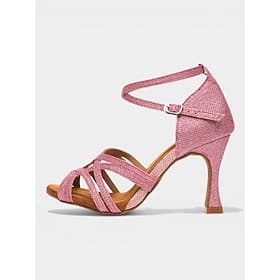 Chaussures de danse latine roses pour femmes, talons hauts à brides et bout ouvert pour la salsa, le tango et les danses de salon. entraînement