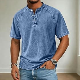 SoftFade™ Men's T Shirt Demin Shirt 100% Cotton Acid Wash Shirt Short Sleeve Stand Collar Henley Spring Summer Plain Vintage Streetwear Casual Washed Raglan S