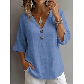 Damen Bluse Hemd aus Leinenimitat Knöpfe Einfarbig Vintage Stilvoll Lässig Dreiviertelarm V Ausschnitt Normale Oberteile Täglich Weiß Gelb Armeegrün Hellgrau L