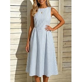Damen Midikleid Freizeitkleid Gestreiftes Kleid A Linie Kleid Elegant Mode Täglich Urlaub Normale Passform Gestreift Ärmellos Rundhalsausschnitt Blau Schwarz G