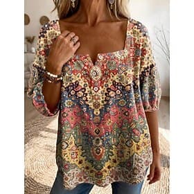 Women's Blouse Print Graphic Geometric Vintage Daily Stylish Half Sleeve Square Neck Regular Tops Casual Daily Blue Yellow Red Orange Summer Spring