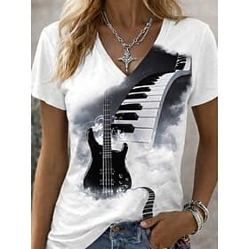 Women's T Shirt Print Floral Graphic Music Vintage Stylish Classic Short Sleeve V Neck Regular Tops Daily Sports Going out White Purple Summer Spring Fall Wint