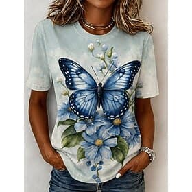 Damen T Shirt Druck Blumen Grafik Libelle Bohemien Hawaiianisch Stilvoll Kurzarm Rundhalsausschnitt Normale Oberteile Lässig Täglich Blau Gelb Rosa Purpur Grün