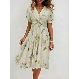 Femmes Robe Longueur Genou Robe en Chiffon Robe Fleurie Robe Imprimée Mode Moderne Quotidien Extérieur Vacances Coupe régulière Uni Manche Courte Col en V Vert