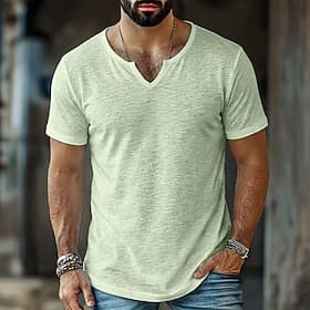 Hombre Camiseta Camisa manga corta Camiseta superior Camiseta de lino Manga Corta Escote en Pico Verano Primavera Todas las Temporadas Color sólido Plano Tira