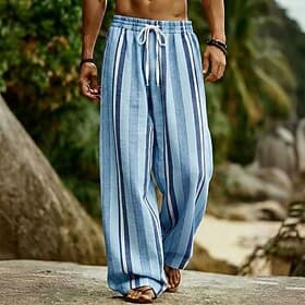Men's Geometric Striped Color-blocking Trousers Casual Pants Baggy Pants Mid Waist Boho Home Outdoor Vacation Elastic Drawstring Waist Linen-Like Pants with Po