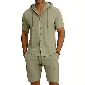Voor heren Linnen overhemd 2-delig Overhemdset En Cargoshorts Korte broek Linnen korte broek Set Effen Dagelijks Buiten Vakantie Capuchon Korte mouw Zomer Modi