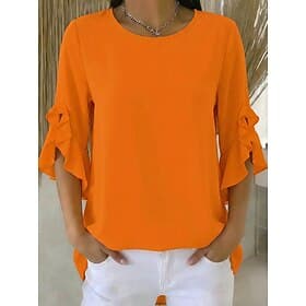 Women's Blouse Chiffon Tops Ruffle Asymmetric Hem Plain Modern Casual 3/4 Length Sleeve Crew Neck Regular Tops Outdoor Streetwear Holiday Black Red Orange Gree