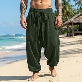 Men's Linen Pants Summer Pants Baggy Pants Beach Pants Drawstring Elastic Cuff Plain Comfort Breathable Full Length Daily Outdoor Beach Vacation Bohemian Yello