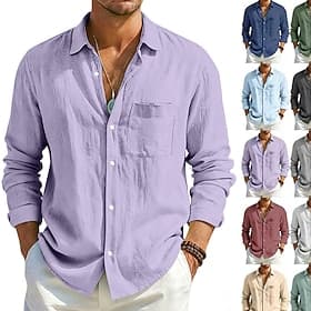 Men's Shirt Linen Shirt Summer Shirt Beach Wear Button Up Shirt Plain Casual Daily Blue Black White Light Green Long Sleeve Turndown Spring Summer Summer Clot