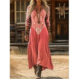 Women's Maxi Dress Sundress Summer Dress Vacation Casual Boho Daily Loose Fit Graphic Color Block Ethnic Long Sleeve V Neck Pink Orange Green Light Orange Summ
